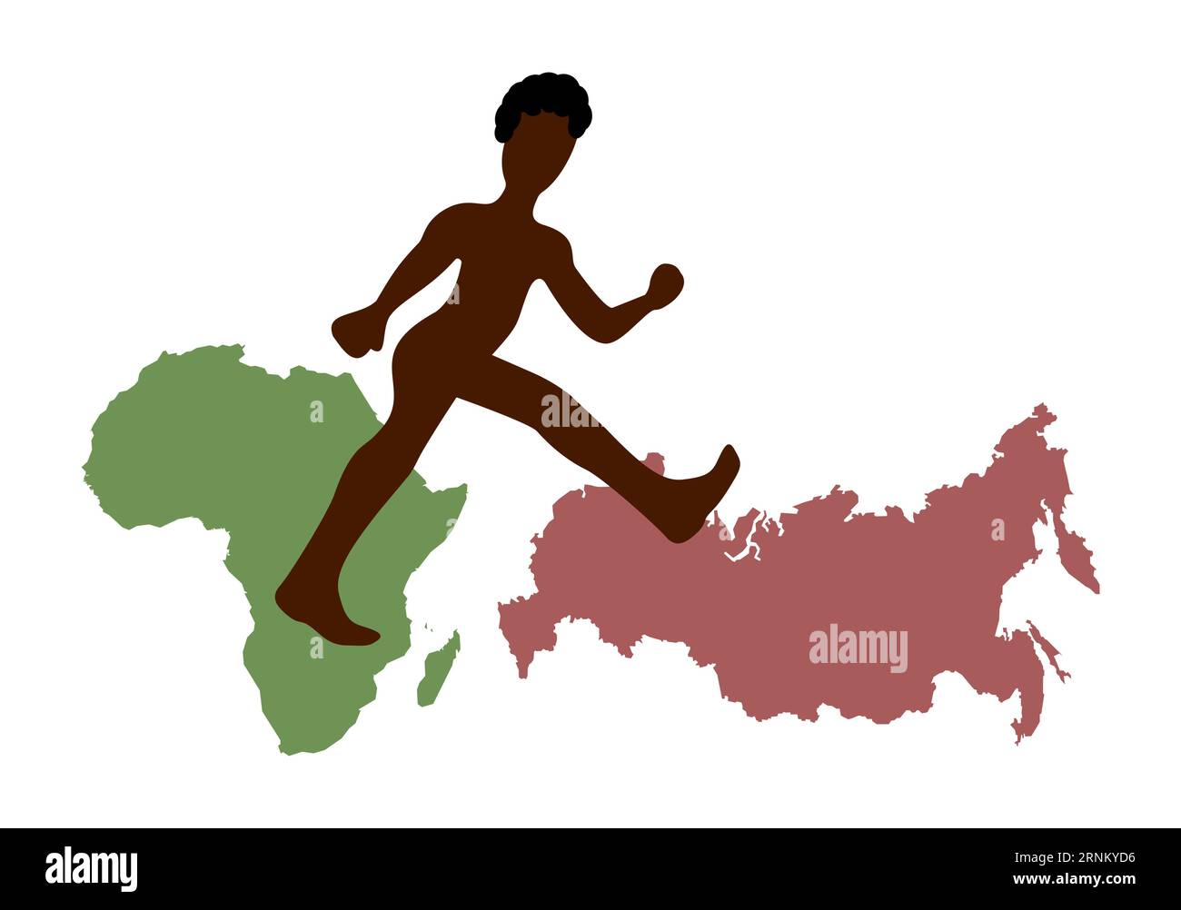Afroamerikaner zu Fuß von Afrika nach Russland. Afroamerikanische Silhouette, Karte von Afrika, Karte von Russland. Stock Vektor