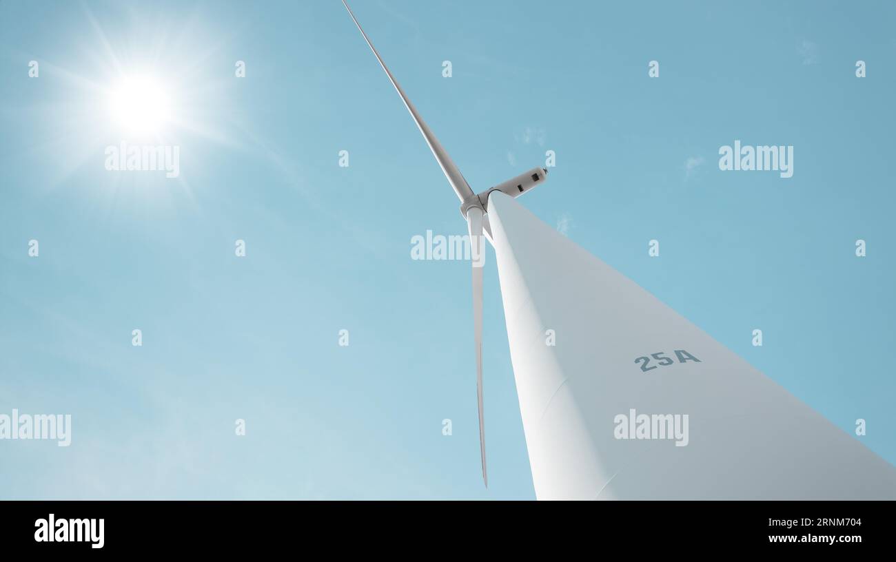 Windkraftanlage auf der Sonne hellblau klarer Himmel für saubere Energie Ökostrom Zukunftskonzept für nachhaltige Elektrizität Stockfoto