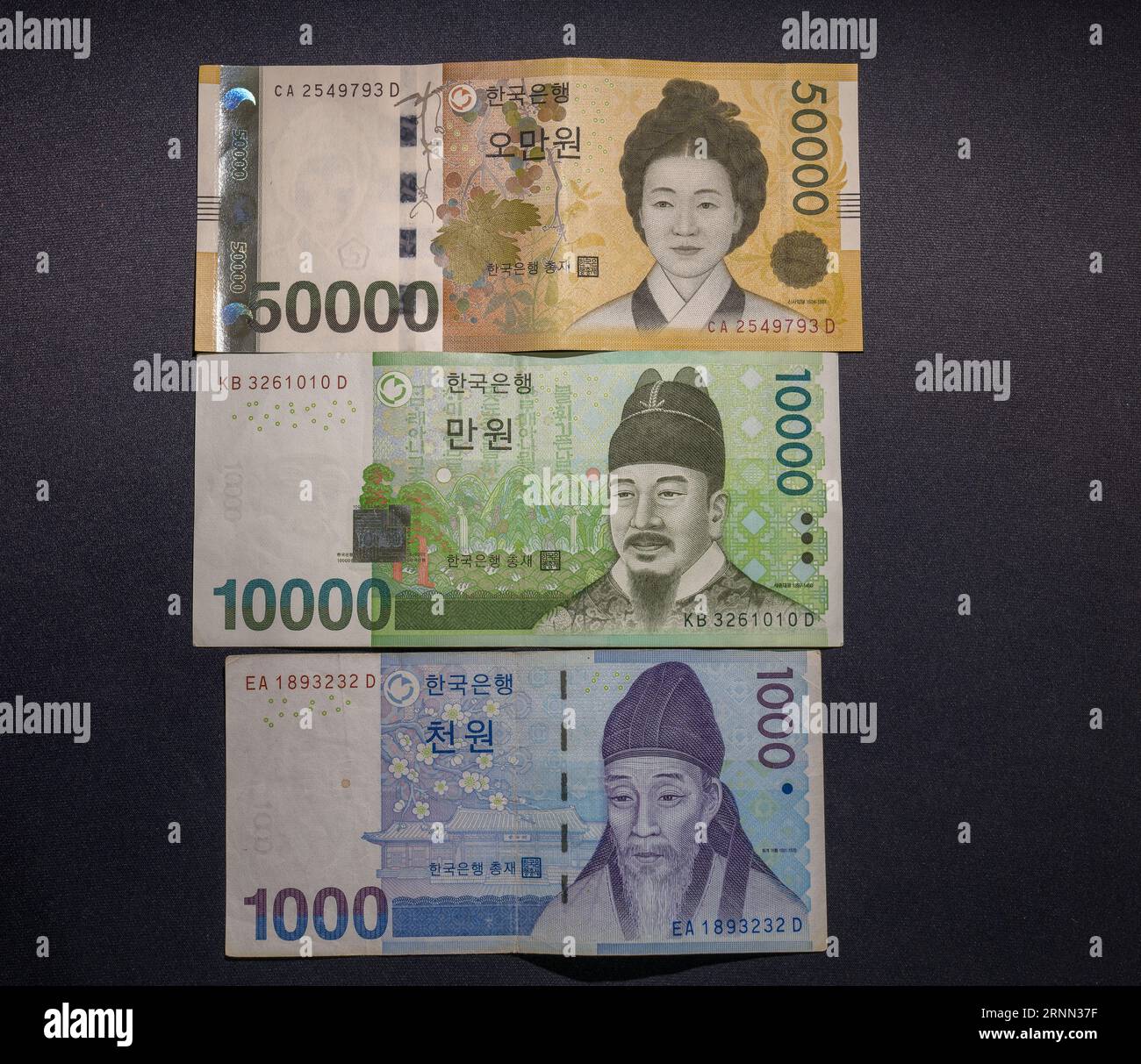 Südkoreanischer Won Banknoten von 50000 NTD, 10000 NTD und 1000 NTD Stockfoto