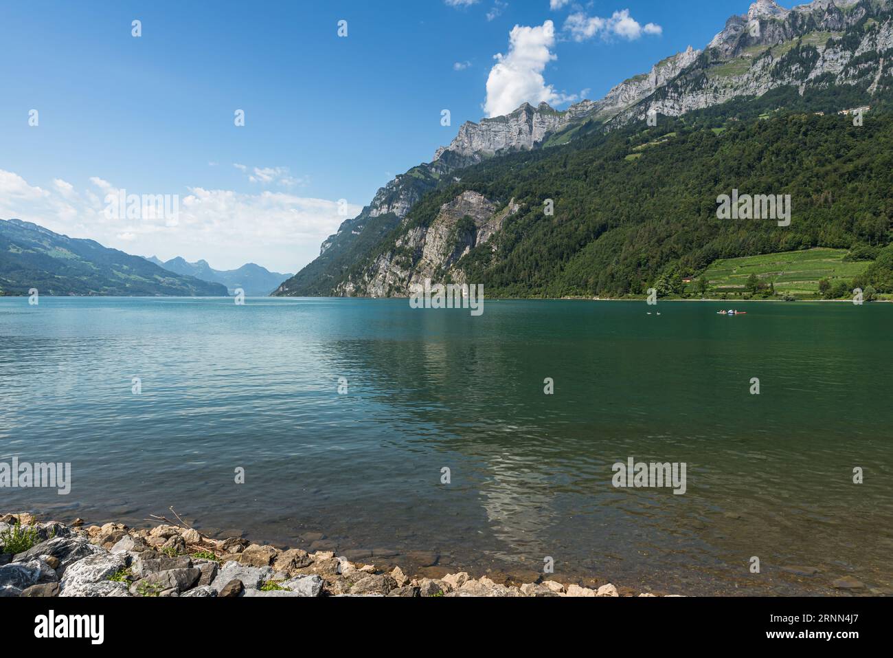 Panoramablick auf den Walensee (Walensee), Walenstadt, Kanton St. Gallen, Schweiz Stockfoto