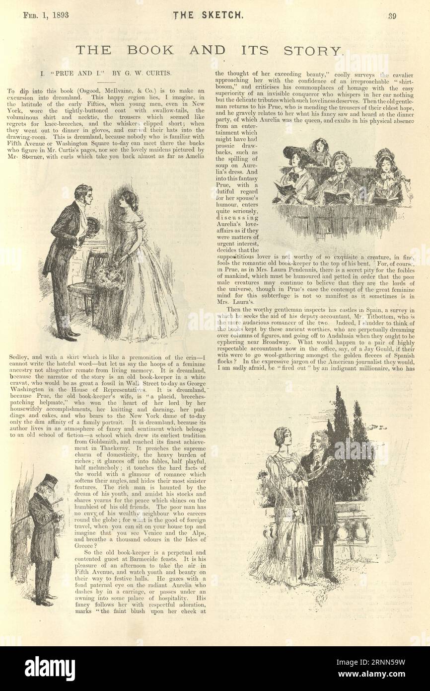 Alte Zeitschriftenrezension mit Illustrationen von Prue und I von George William Curtis, 19. Jahrhundert Stockfoto
