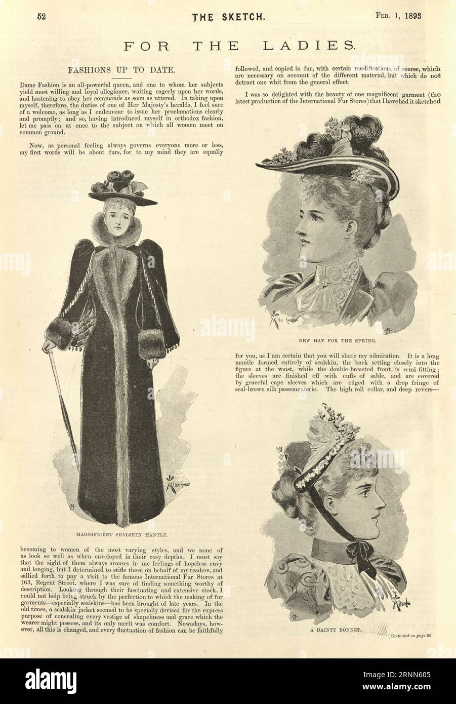 artikel des viktorianischen Modemagazins, Damenmode der 1890er Jahre, Pelzmantel, Hauben, Hüte, 19. Jahrhundert Stockfoto
