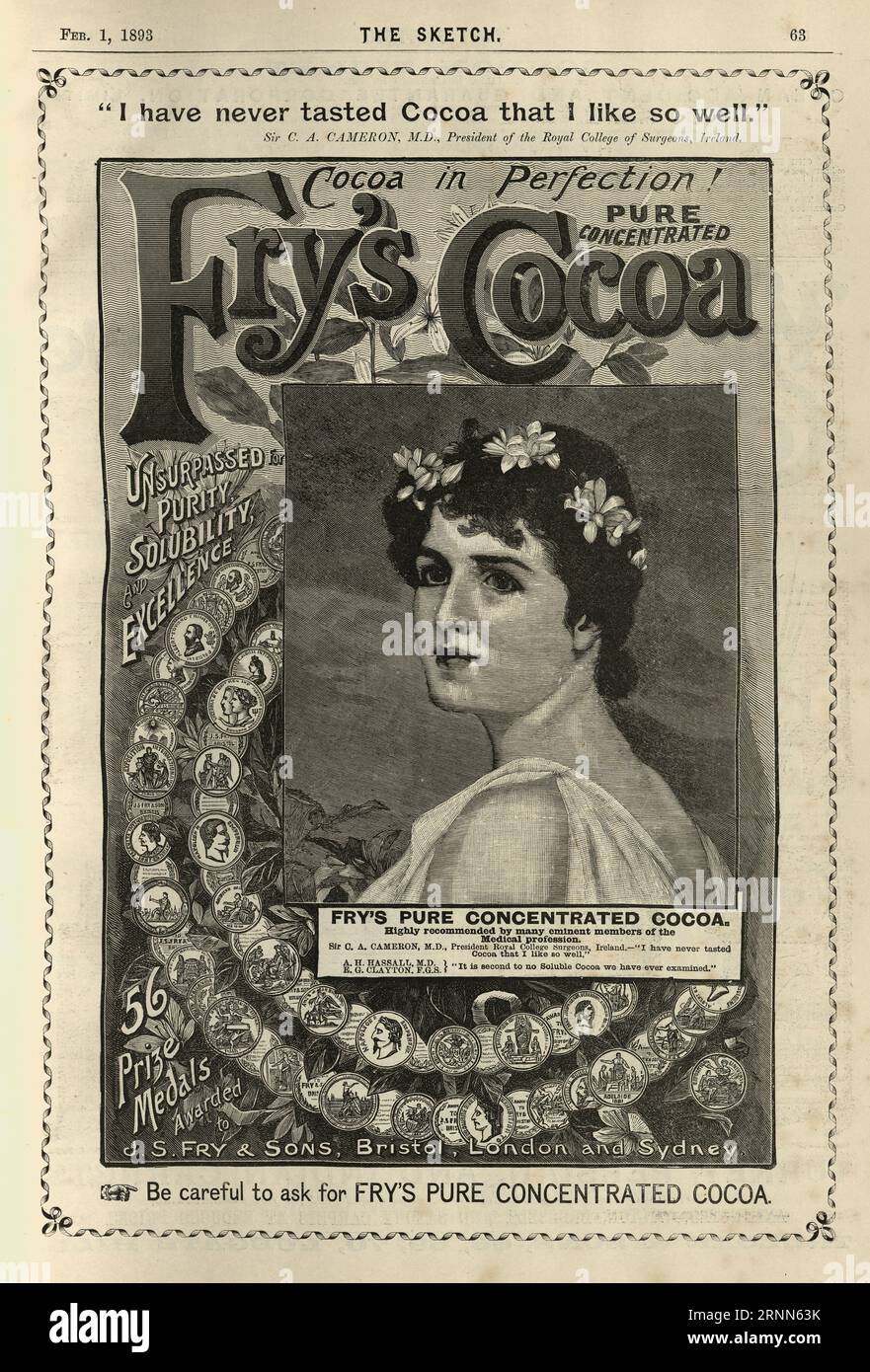 Vintage Victorian Advet for Fry's Cocoa, 1890er Jahre, 19. Jahrhundert Stockfoto