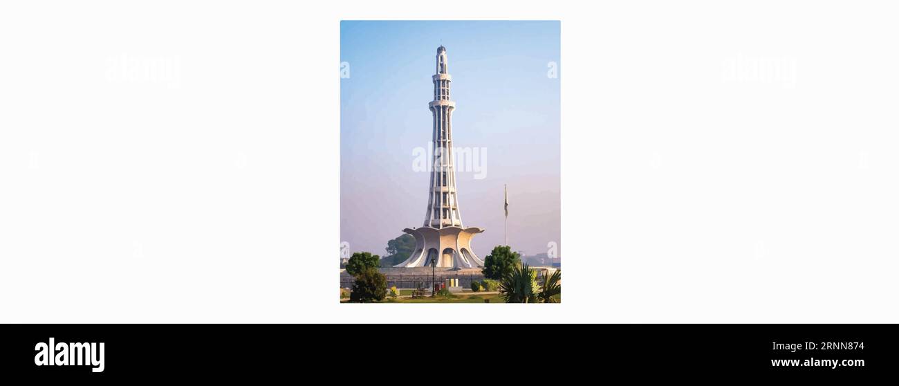 Der Turm wurde zwischen 1960 und 1968 an der Stelle errichtet, an der die All-India Muslim League die Lahore Resolution verabschiedete. Stock Vektor