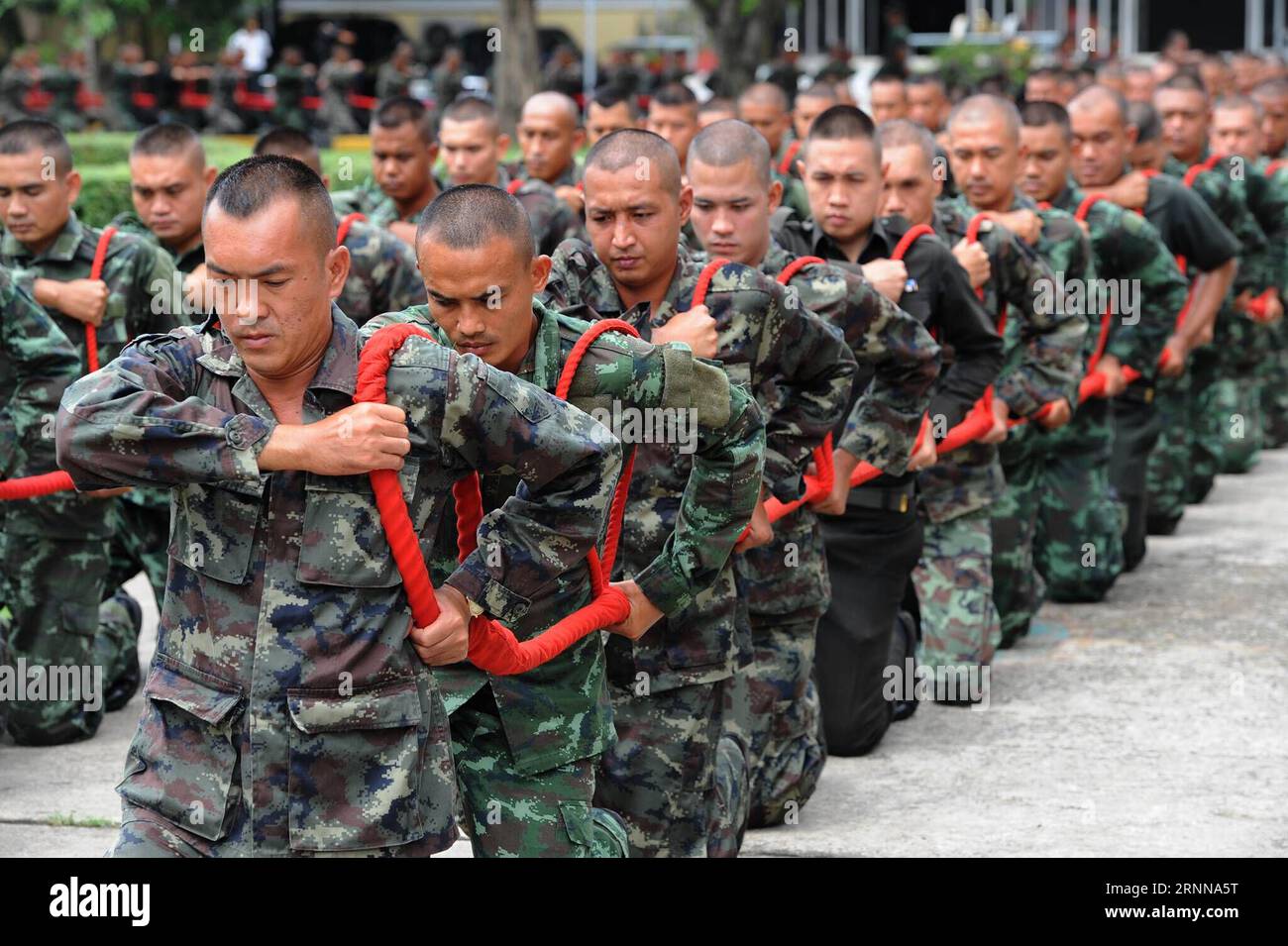 (170704) -- BANGKOK, 4. Juli 2017 -- Soldaten nehmen an einem Training Teil, um den königlichen Wagen zu ziehen, um sich auf die Beerdigung des verstorbenen Königs Bhumibol Adulyadej in Bangkok, Thailand, 4. Juli 2017 vorzubereiten. ) (Jmmn) THAILAND-BANGKOK-LATE KING S BEGRÄBNISVORBEREITUNGEN RachenxSageamsak PUBLICATIONxNOTxINxCHN Bangkok 4. Juli 2017 Soldaten nehmen an einem Training Teil, um den Royal Chariot zu ziehen, um sich auf die Beerdigung des verstorbenen Königs Bhumibol Adulyadej S in Bangkok Thai Country 4. Juli 2017 jmmn Thai Country Bangkok Late King S Begräbnis Stockfoto