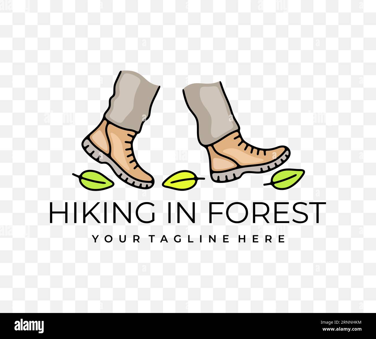 Füße in Stiefeln, Wandern und Wandern, farbiges Grafikdesign. Camping, Tourismus, Reisen, Reisen und Reisen, Vektordesign Stock Vektor