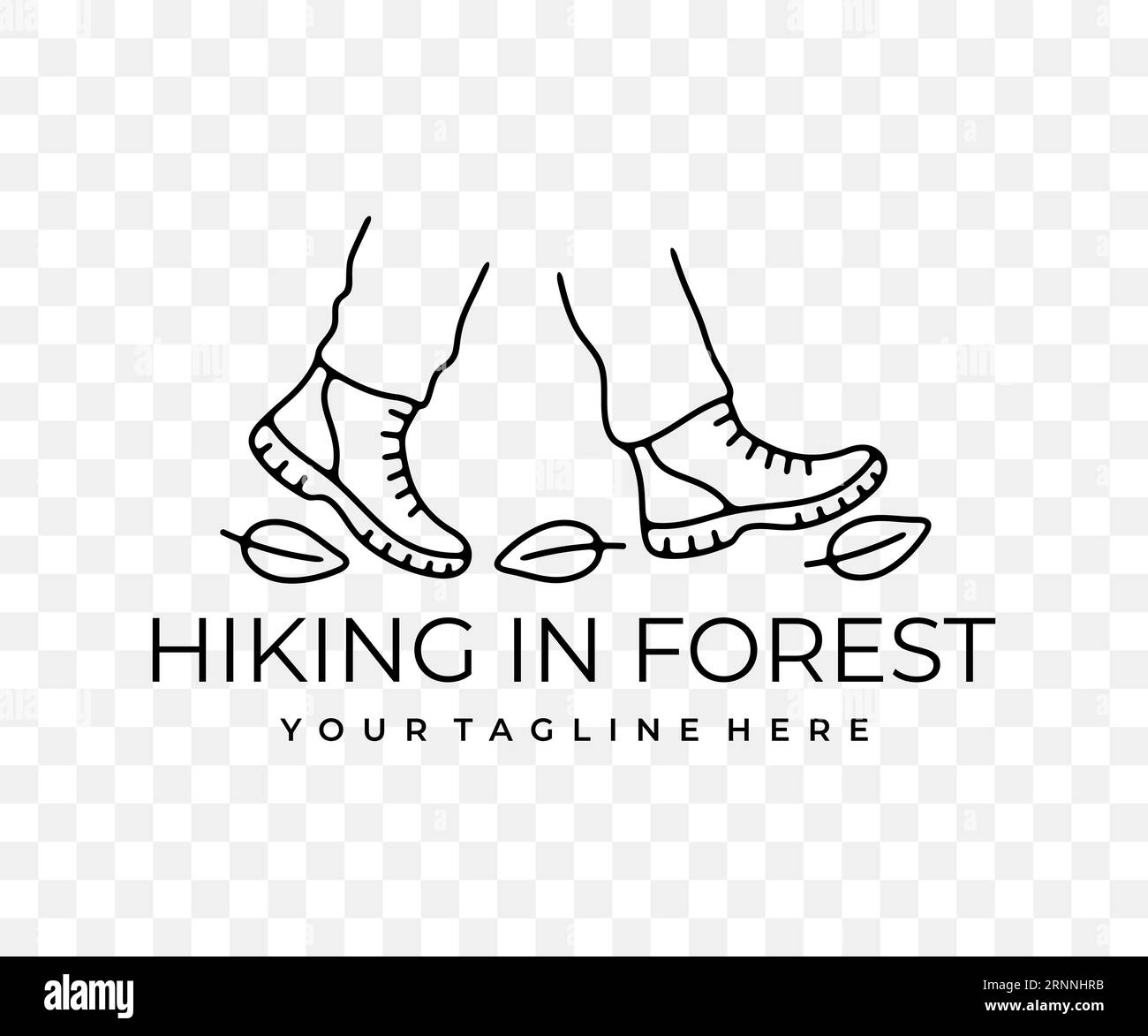 Füße in Stiefeln, Walking durch Wald, Wandern und Wandern, lineares Grafikdesign. Camping, Tourismus, Reisen, Reisen und Reisen, Vektordesign Stock Vektor