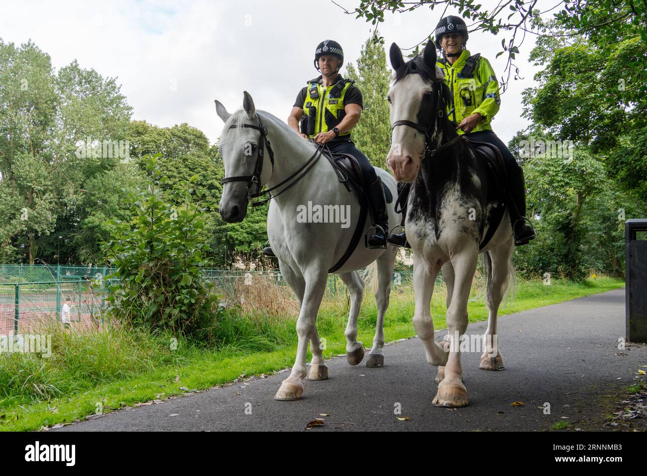 Zwei britische Polizisten zu Pferd in einem öffentlichen Park. Konzept der berittenen Polizei, Polizei, Patrouillen, Bobbys auf dem Schlag, Diensttiere Stockfoto