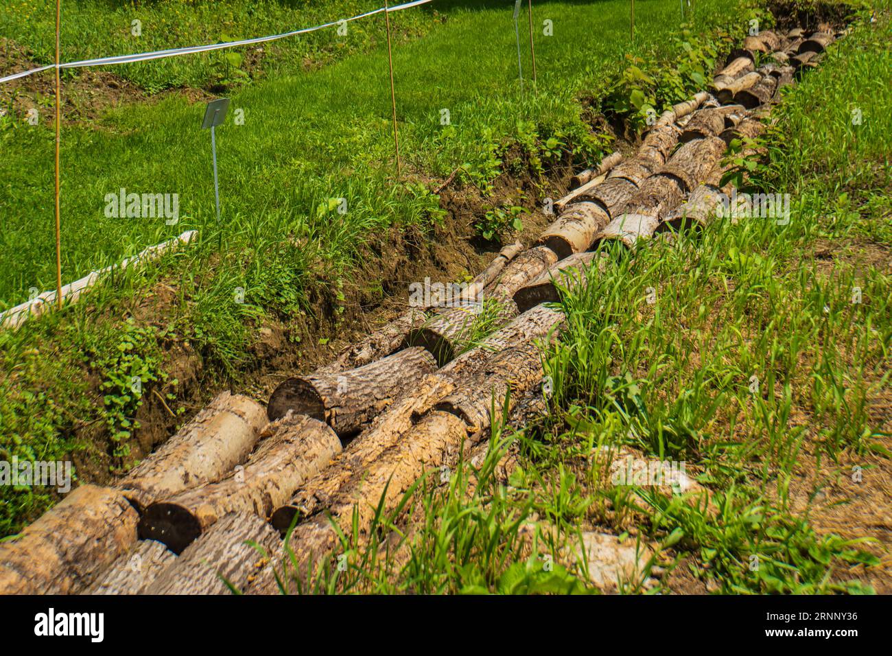 Das Hugelkulturbeet wurde im Garten aus einem Hügel aus Baumstämmen, Ästen mit Kompost, Boden und natürlichen Materialien angelegt Stockfoto