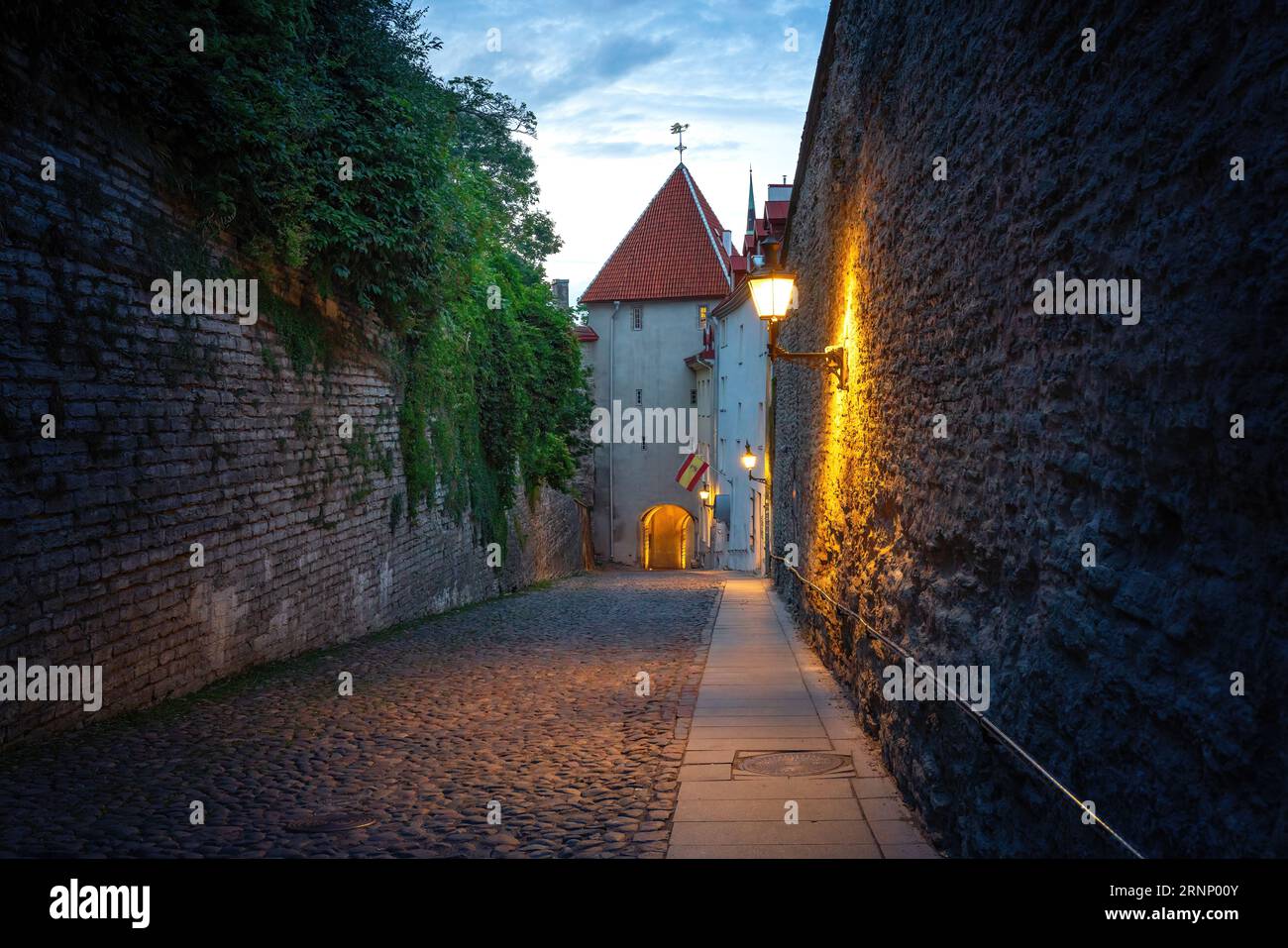 Beleuchteter Long Leg Gate Tower bei Nacht - Tallinn, Estland Stockfoto