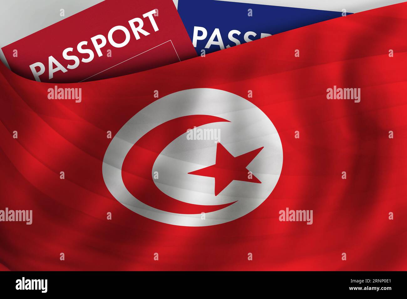 Tunesischer Flaggenhintergrund und tunesischer Pass. Staatsbürgerschaft, offizielle legale Einwanderung, Visum, Geschäfts- und Reisekonzept. Stockfoto