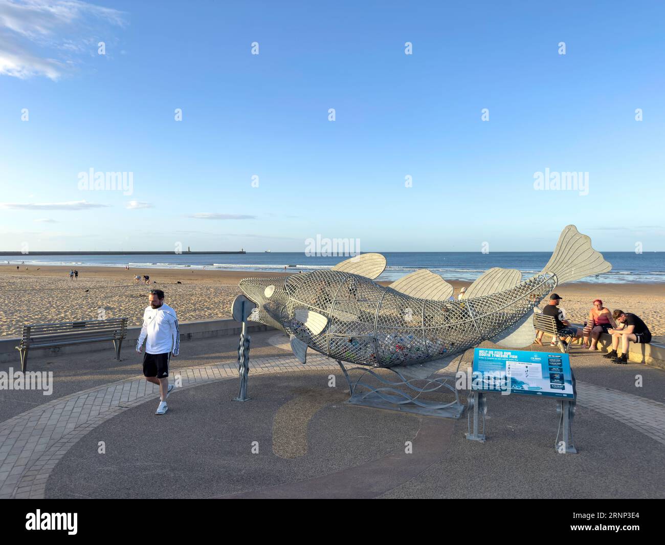 Fischform Recycling-Behälter, Sandhaven Beach, South Shields, Tyne and Wear, England, Vereinigtes Königreich Stockfoto