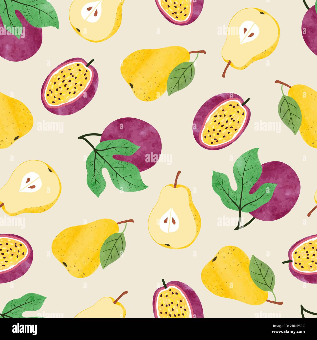Aquarell-Fruchtmuster mit Birne und Passionsfrucht. Stock Vektor