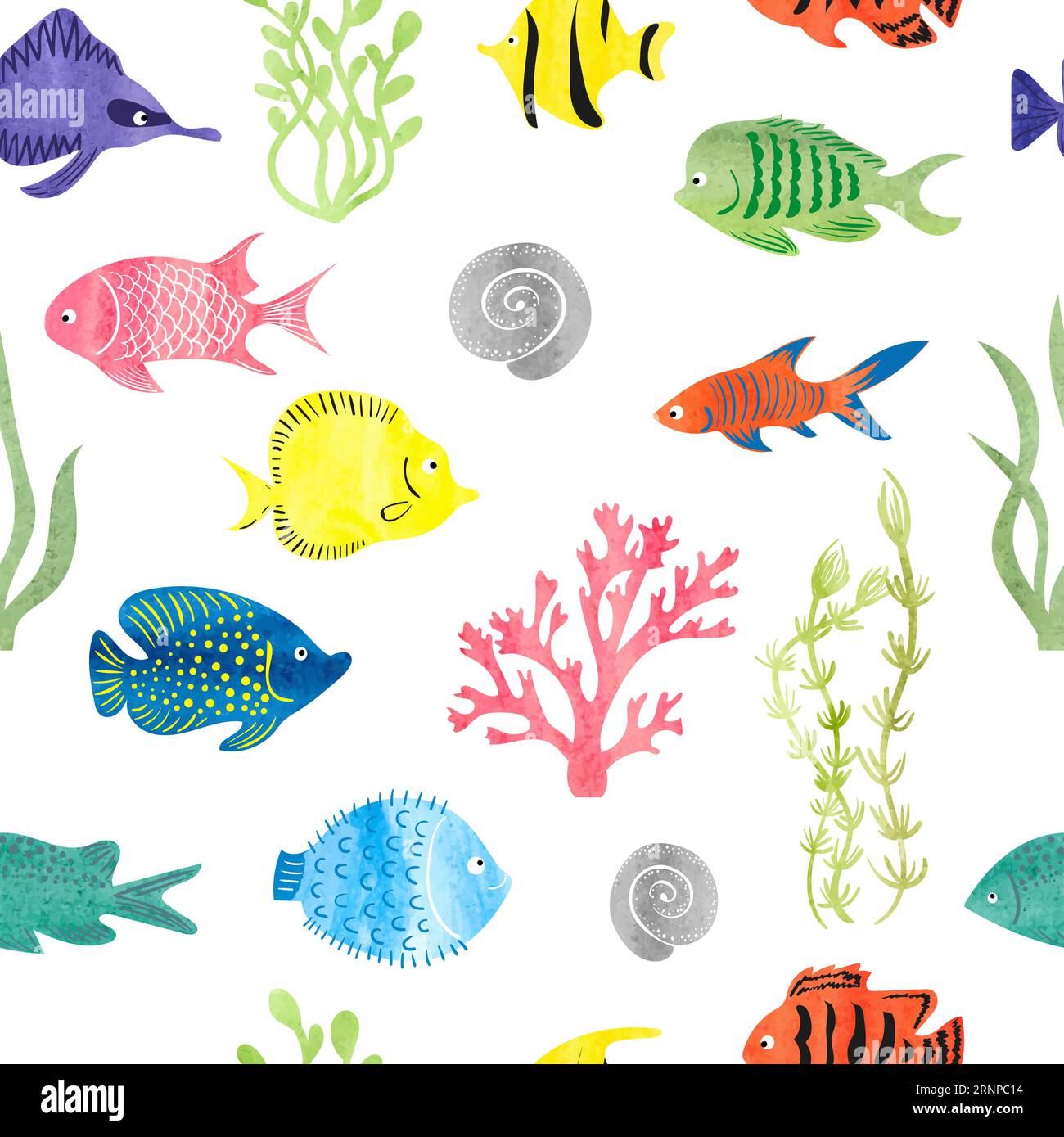 Aquarellfarbenes, nahtloses Fischmuster. Unterwasserhintergrund. Handgezeichnete Korallen, Algen und Fische isoliert auf weiß Stock Vektor