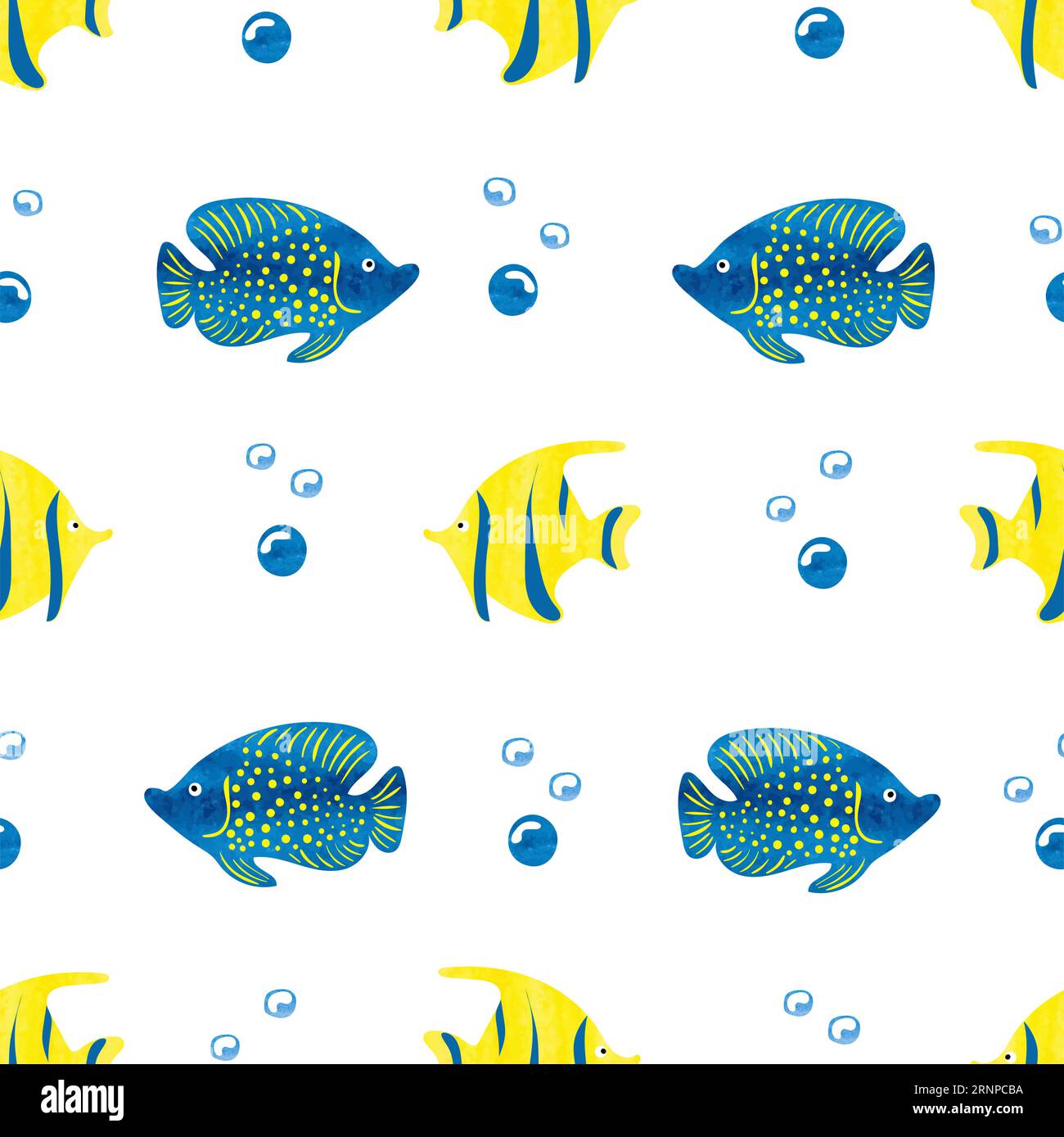 Fischhintergrund mit Wasserfarben. Blaue und gelbe Aquarellfische isoliert auf weiß. Nahtloses Marine-Muster. Unterwasserleben, Korallenriff Stock Vektor