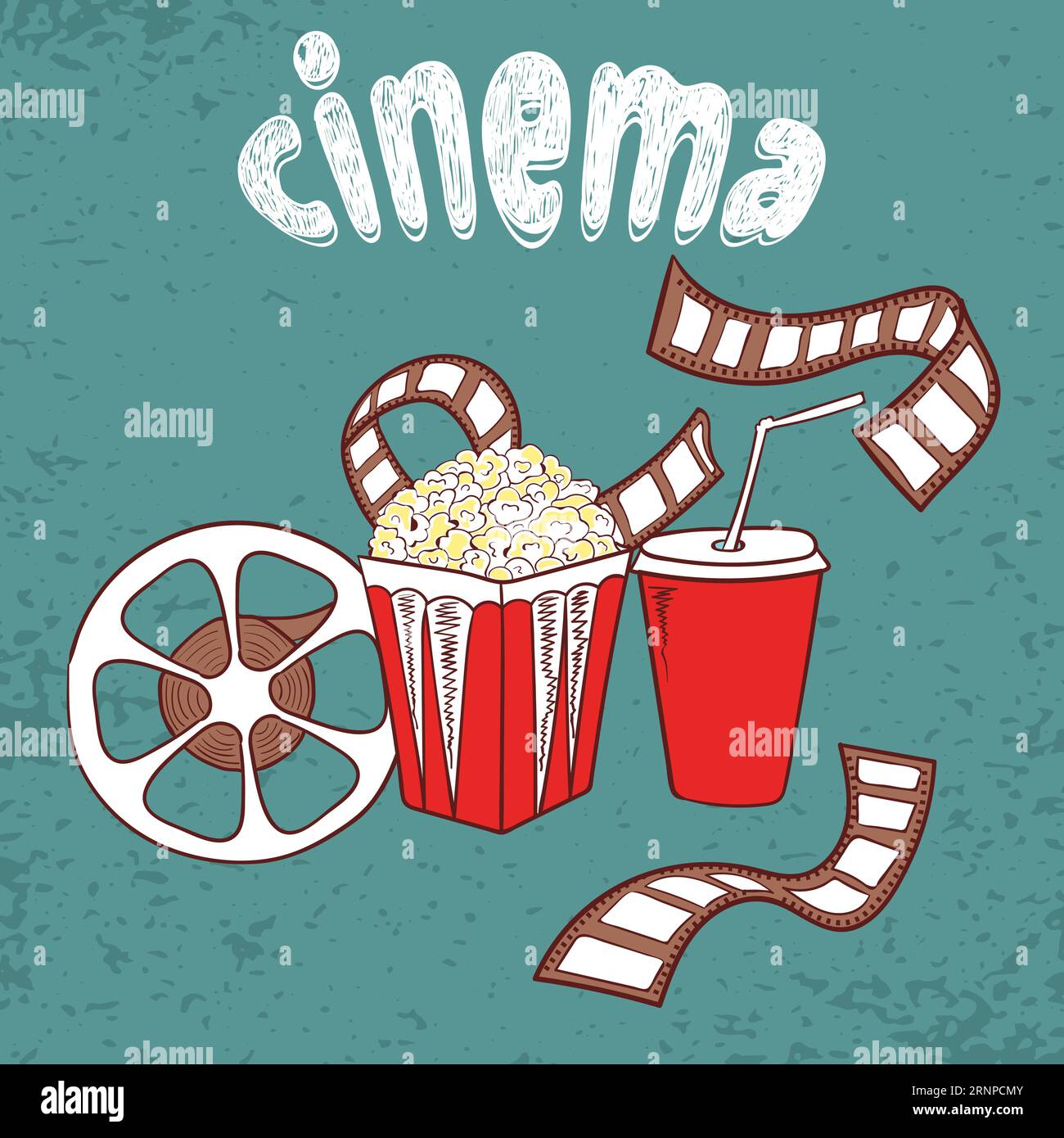 Kino-Vektor-Hintergrund. Set von Kinosymbolen – Popcorn, Filmrolle und Streifen. Illustration mit Kritzeleien Stock Vektor