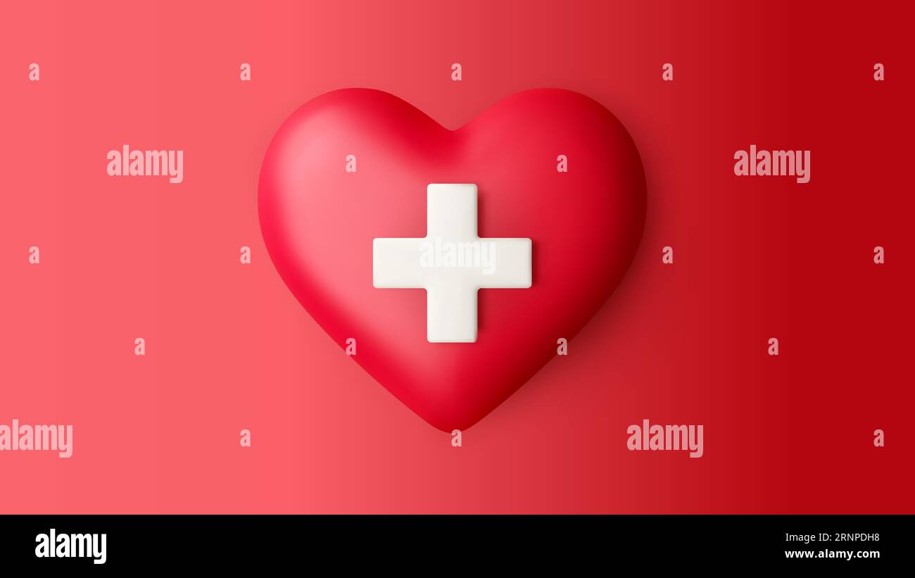 Realistisches rotes Herz mit weißem Kreuz im 3D-Stil. Symbol für Medizin und erste Hilfe. Vektorillustration Stock Vektor