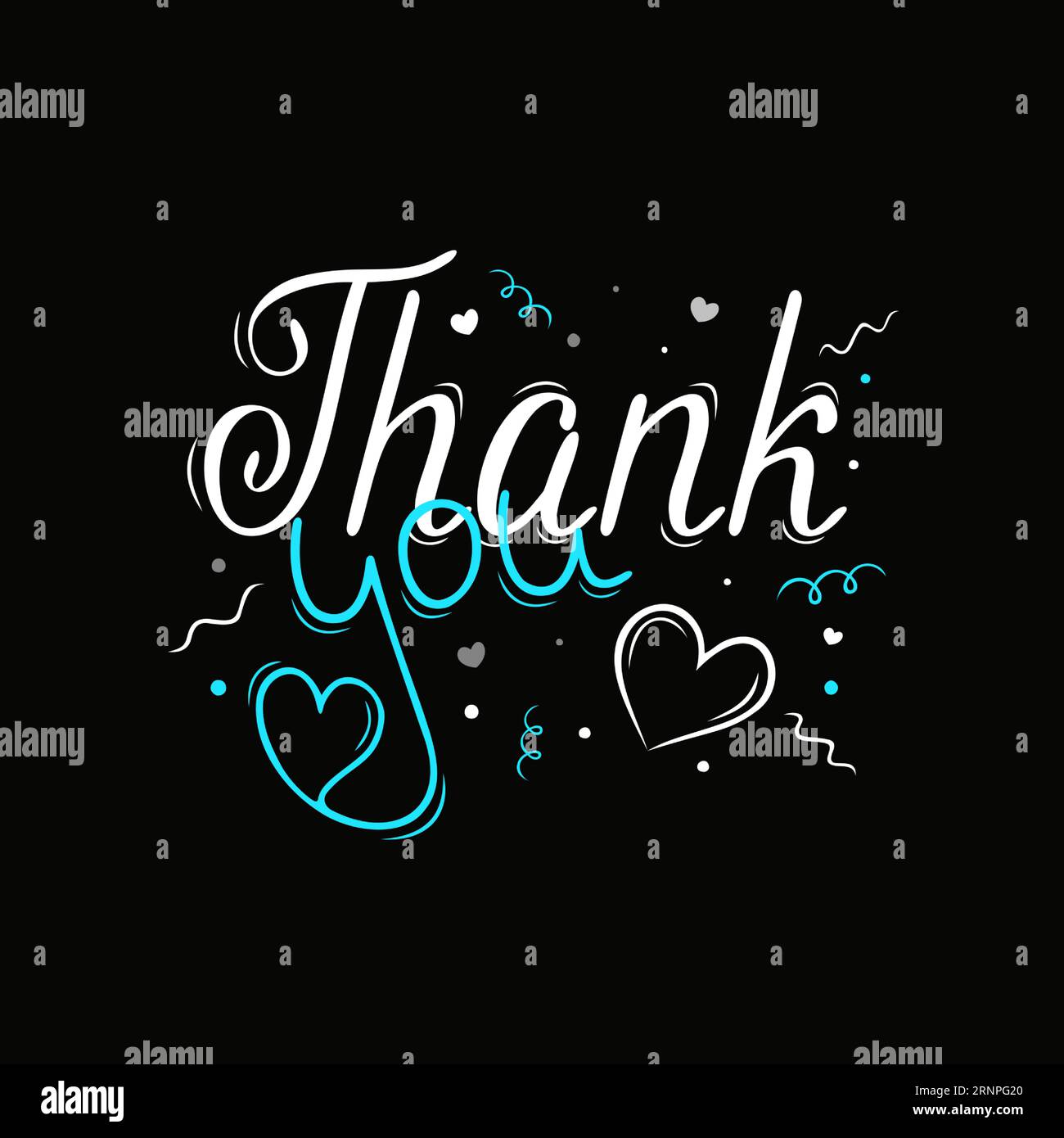 Vektor-Handbeschriftung „Danke“ in weiß und Blau auf schwarzem Hintergrund. Trendige Schriftart mit schönem Dekor, Herz, Kreisen, Bändern, Text zum Drucken Stock Vektor