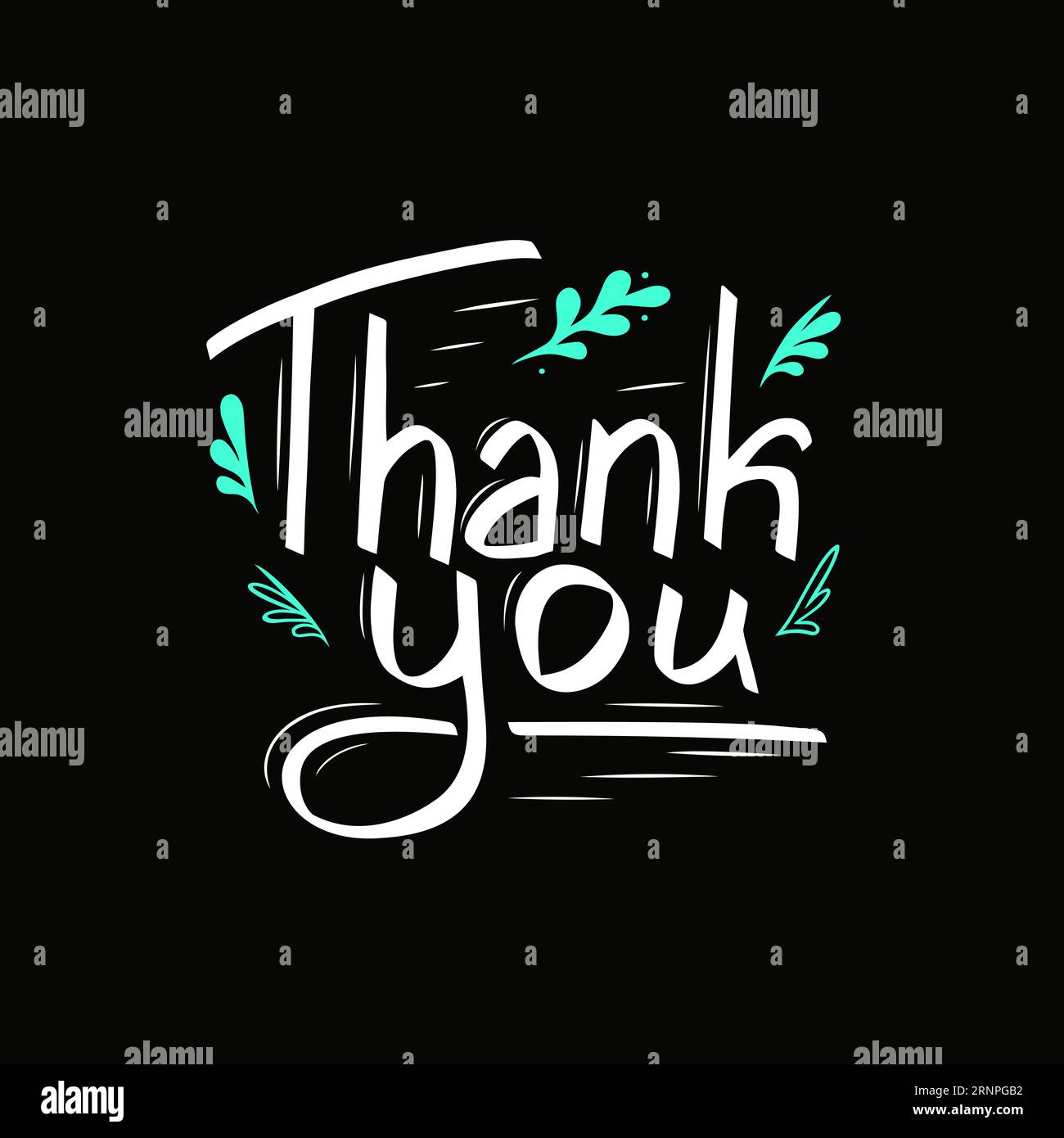 Schöne moderne Beschriftung „Danke“ isoliert auf schwarzem Hintergrund. Weiße Vektor-Illustration mit Dekor, Linien, türkisfarbenen Blättern, stilvollem Inscriptio Stock Vektor