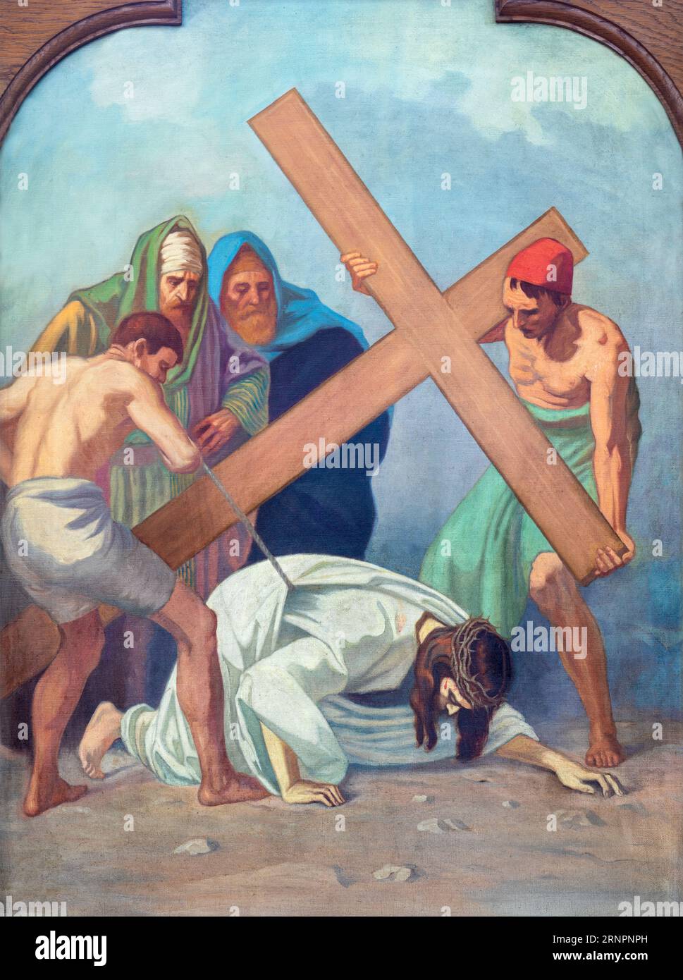 SEBECHLEBY, SLOWAKEI - OKTOBERT 8, 2022: Das Gemälde Jesus Fall unter das Kreuz als Teil der Kreuzbahnhöfe in St. Pfarrkirche Michael Stockfoto