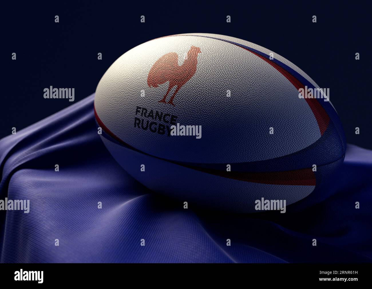 2. September 2023 - Bristol, Großbritannien: Ein 3D-Bild eines Rugby-Balls mit dem Aufdruck des französischen Rugby-Logos auf einem drapierten blauen Stoff Stockfoto