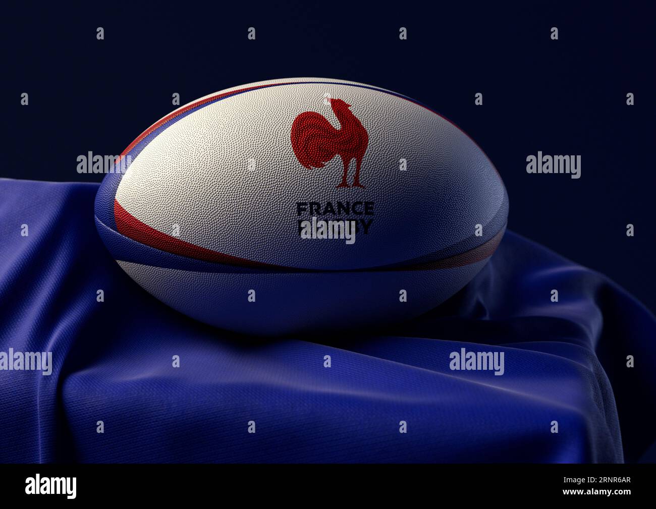 2. September 2023 - Bristol, Großbritannien: Ein 3D-Bild eines Rugby-Balls mit dem Aufdruck des französischen Rugby-Logos auf einem drapierten blauen Stoff Stockfoto