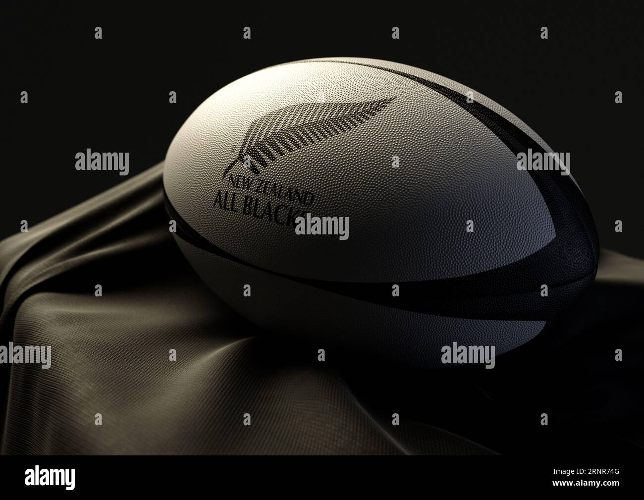 2. September 2023: Bristol, Großbritannien: Ein 3D-Rendering eines Rugby-Balls mit dem Rugby-Logo von New Zealand All Blacks, das auf einem drapierten Schwarz ruht Stockfoto
