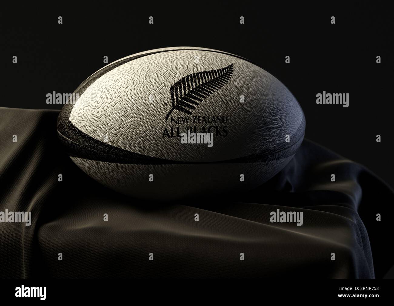 2. September 2023: Bristol, Großbritannien: Ein 3D-Rendering eines Rugby-Balls mit dem Rugby-Logo von New Zealand All Blacks, das auf einem drapierten Schwarz ruht Stockfoto