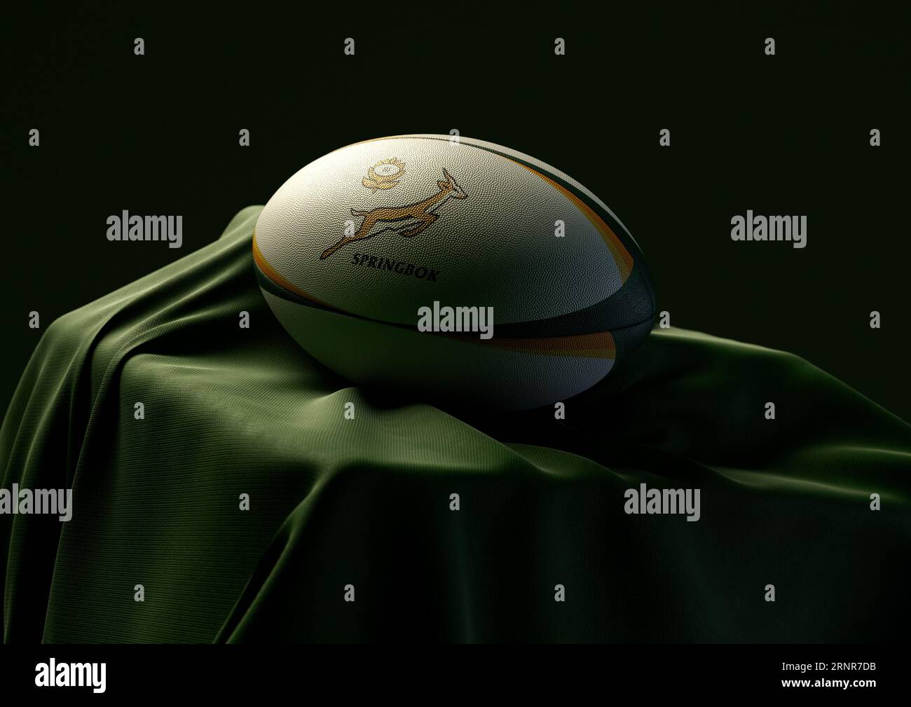 2. September 2023: Bristol, Großbritannien: Ein 3D-Rendering eines Rugby-Balls mit dem Aufdruck des South Africa Springbok Rugby-Logos auf einem drapierten Gree Stockfoto
