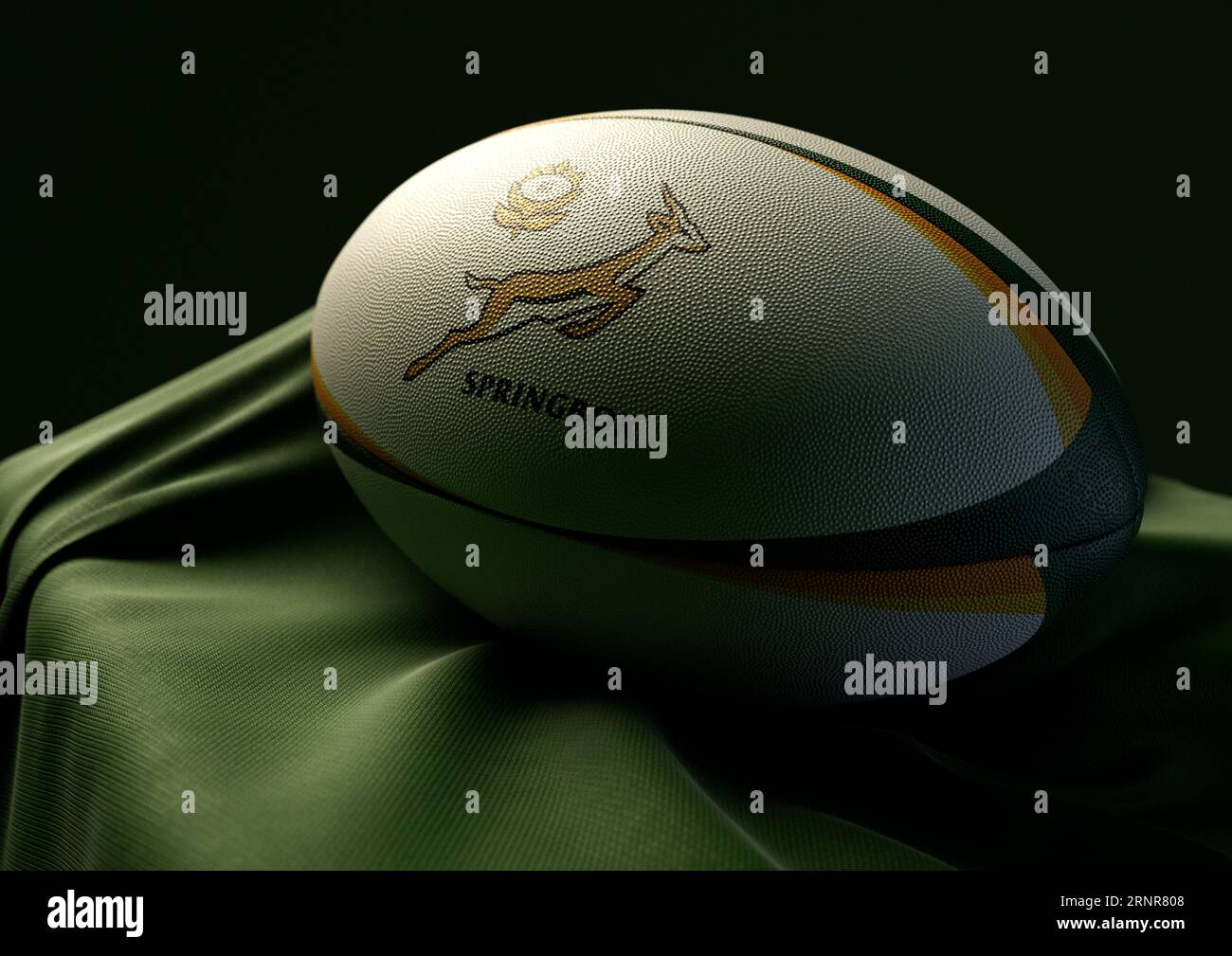2. September 2023: Bristol, Großbritannien: Ein 3D-Rendering eines Rugby-Balls mit dem Aufdruck des South Africa Springbok Rugby-Logos auf einem drapierten Gree Stockfoto