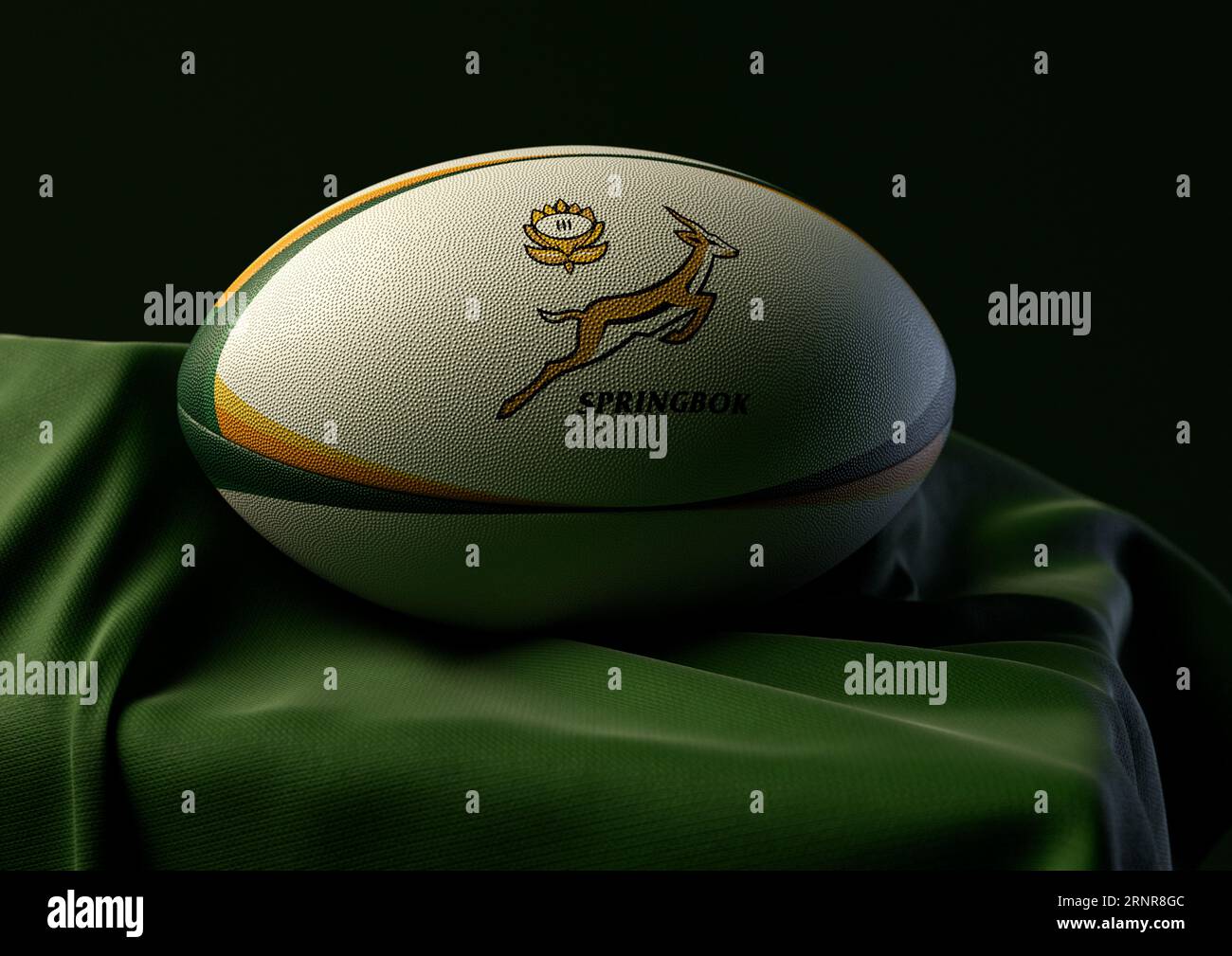 2. September 2023: Bristol, Großbritannien: Ein 3D-Rendering eines Rugby-Balls mit dem Aufdruck des South Africa Springbok Rugby-Logos auf einem drapierten Gree Stockfoto