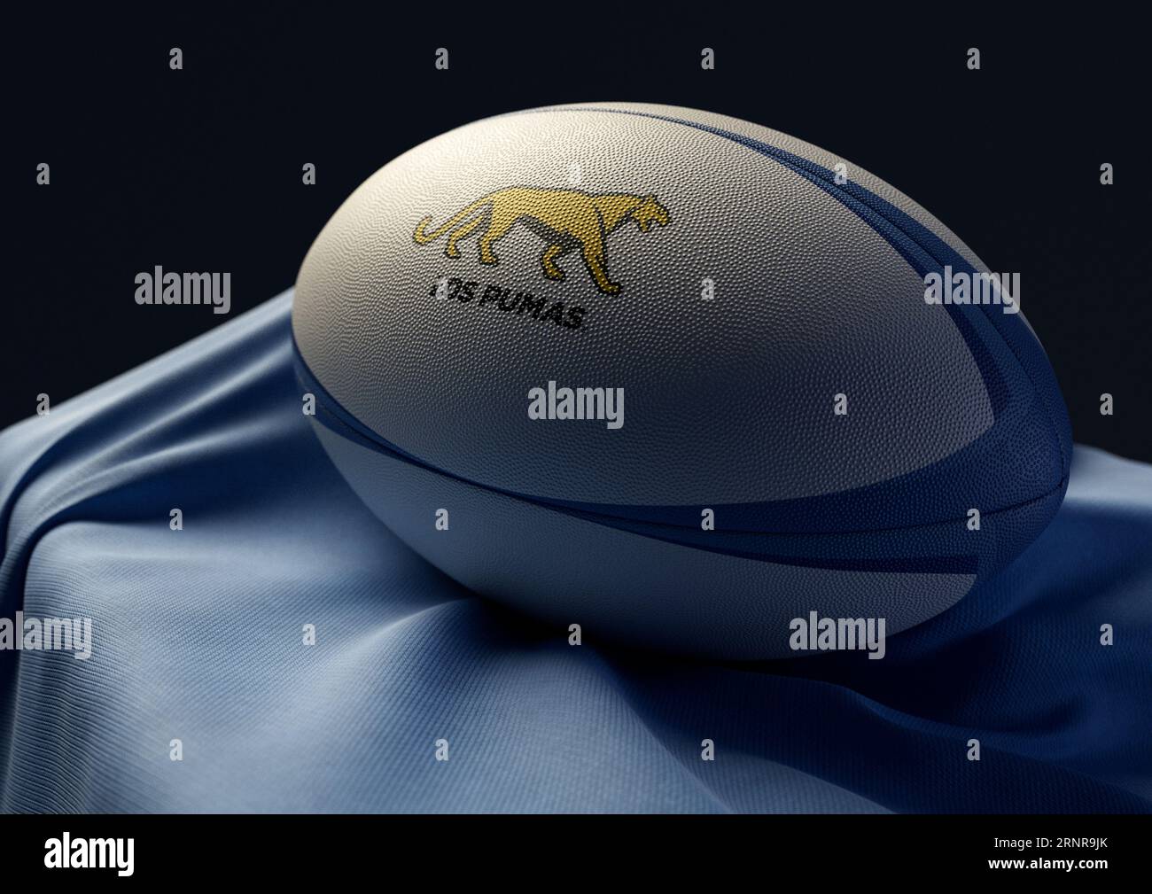 2. September 2023 - Bristol, Großbritannien: Ein 3D-Bild eines Rugby-Balls mit dem Aufdruck des argentinischen Rugby-Logos auf einem drapierten blauen Stoff Stockfoto
