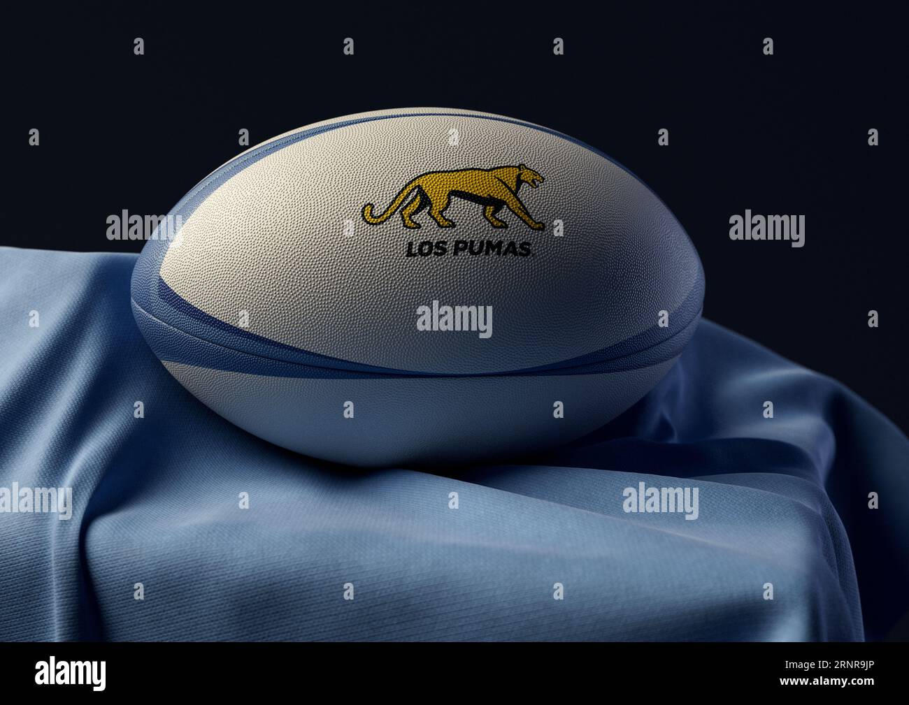 2. September 2023 - Bristol, Großbritannien: Ein 3D-Bild eines Rugby-Balls mit dem Aufdruck des argentinischen Rugby-Logos auf einem drapierten blauen Stoff Stockfoto