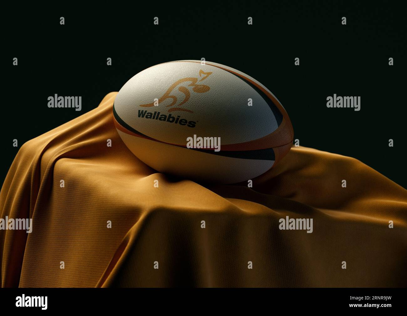 2. September 2023 - Bristol, Großbritannien: Ein 3D-Bild eines Rugby-Balls mit dem australischen Rugby-Logo auf einem drapierten gelben Stoff Stockfoto