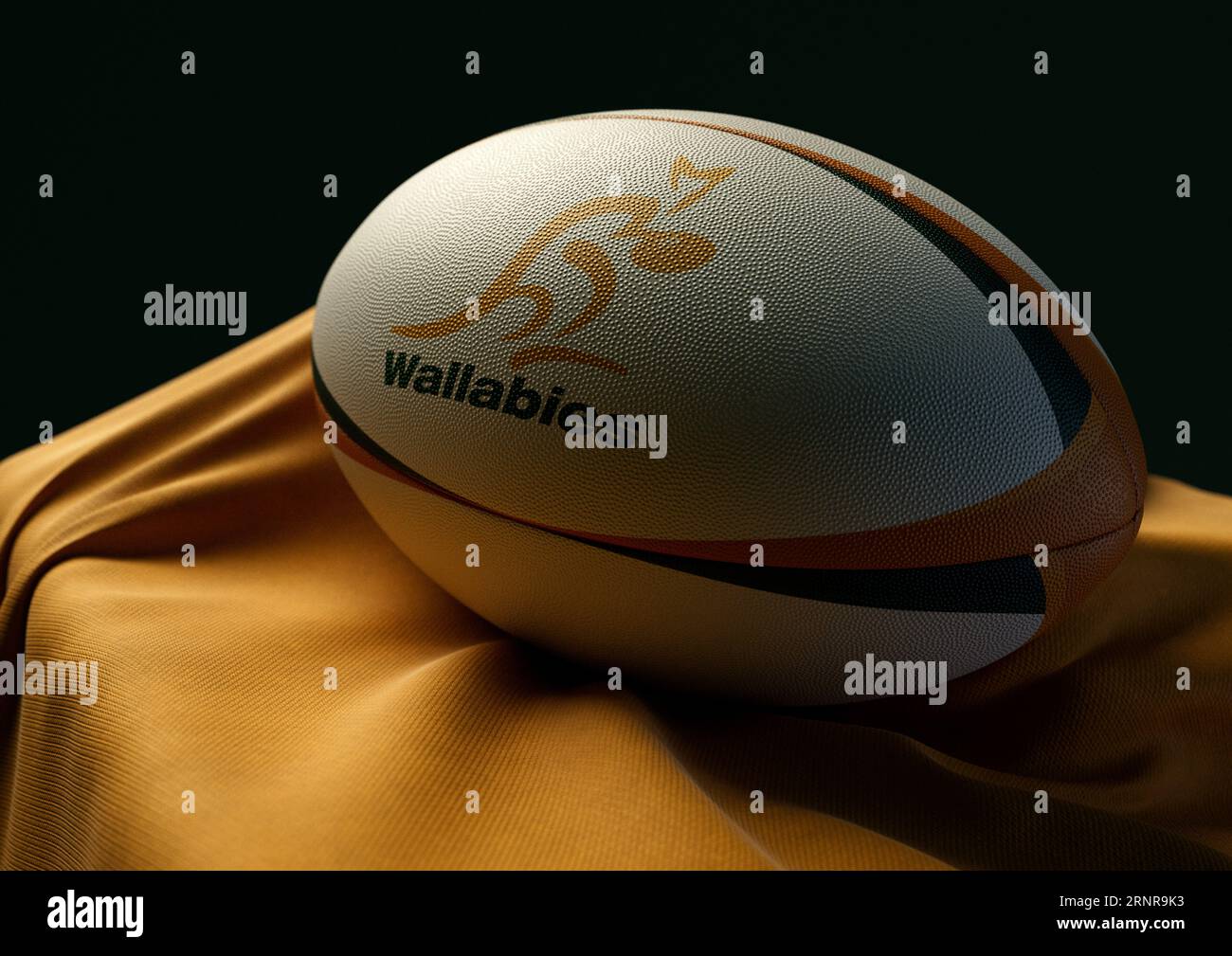 2. September 2023 - Bristol, Großbritannien: Ein 3D-Bild eines Rugby-Balls mit dem australischen Rugby-Logo auf einem drapierten gelben Stoff Stockfoto