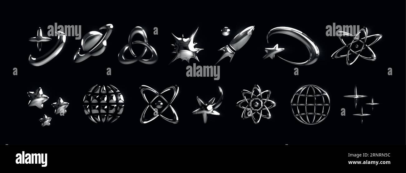 3D-Chromelemente. Y2K abstrakte silberne Raumsymbole. Geometrische Galaxie und kosmische Technologie. Cyber-Stars. Atom-Symbol. Planeten und Kometen. Glo Stock Vektor