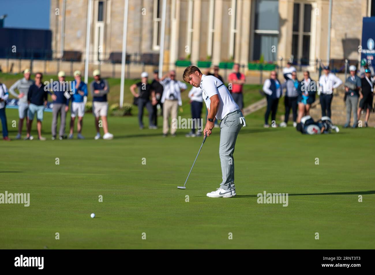 St. Andrews, Schottland. September 2023. Der Engländer Jack Bingham Three verliert in der ersten Runde der Einzelspiele des Walker Cup 2023 als letzter um 1 Loch. Stockfoto