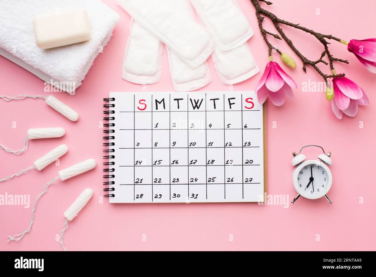 Menstruationsplan mit Wecker Stockfoto