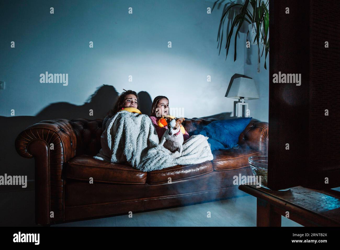 Erschreckte Kinder, die Horrorfilme sehen Stockfoto