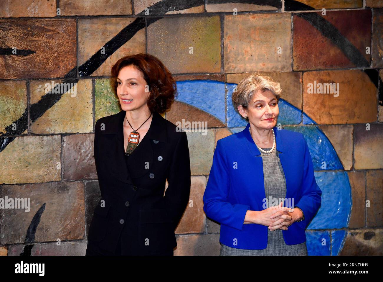 (171110) -- PARIS, 10. November 2017 -- Audrey Azoulay (L), ehemalige französische Kulturministerin, nimmt am 10. November 2017 an einer Pressekonferenz im Hauptquartier der Organisation der Vereinten Nationen für Bildung, Wissenschaft und Kultur (UNESCO) in Paris, Frankreich, Teil. Audrey Azoulay wurde am Freitag in Paris von der Generalkonferenz der UNESCO als neuer Generaldirektor dieser UN-Organisation genehmigt. (zf) FRANCE-PARIS-UN-UNESCO-GENERALDIREKTOR ChenxYichen PUBLICATIONxNOTxINxCHN Stockfoto