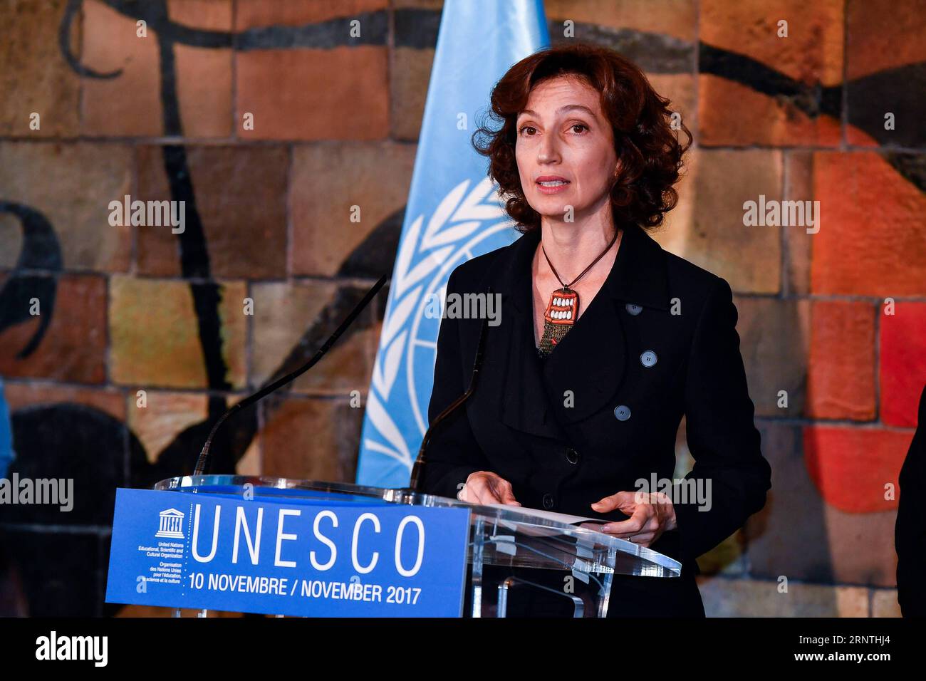 (171110) -- PARIS, 10. November 2017 -- Audrey Azoulay, ehemalige französische Kulturministerin, spricht am 10. November 2017 auf einer Pressekonferenz im Hauptquartier der Organisation der Vereinten Nationen für Bildung, Wissenschaft und Kultur (UNESCO) in Paris, Frankreich. Audrey Azoulay wurde am Freitag in Paris von der Generalkonferenz der UNESCO als neuer Generaldirektor dieser UN-Organisation genehmigt. (zf) FRANCE-PARIS-UN-UNESCO-GENERALDIREKTOR ChenxYichen PUBLICATIONxNOTxINxCHN Stockfoto