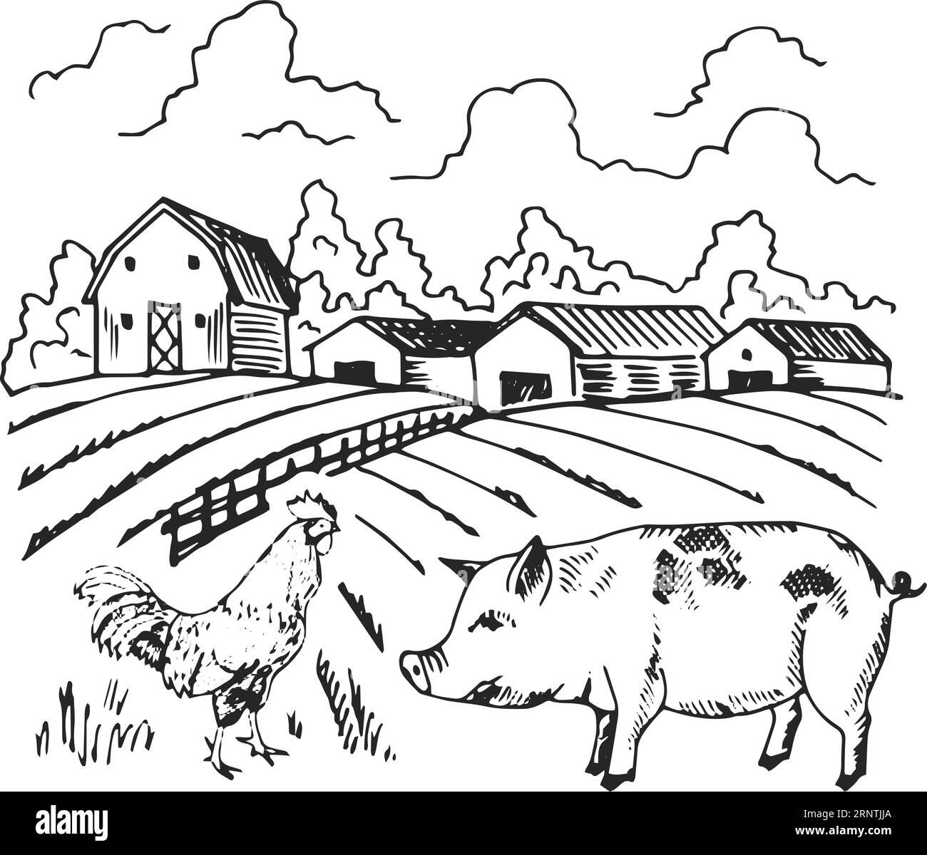 Handgezeichnete Farmlandschaft. Retro-Sketch für die Landschaft Stock Vektor