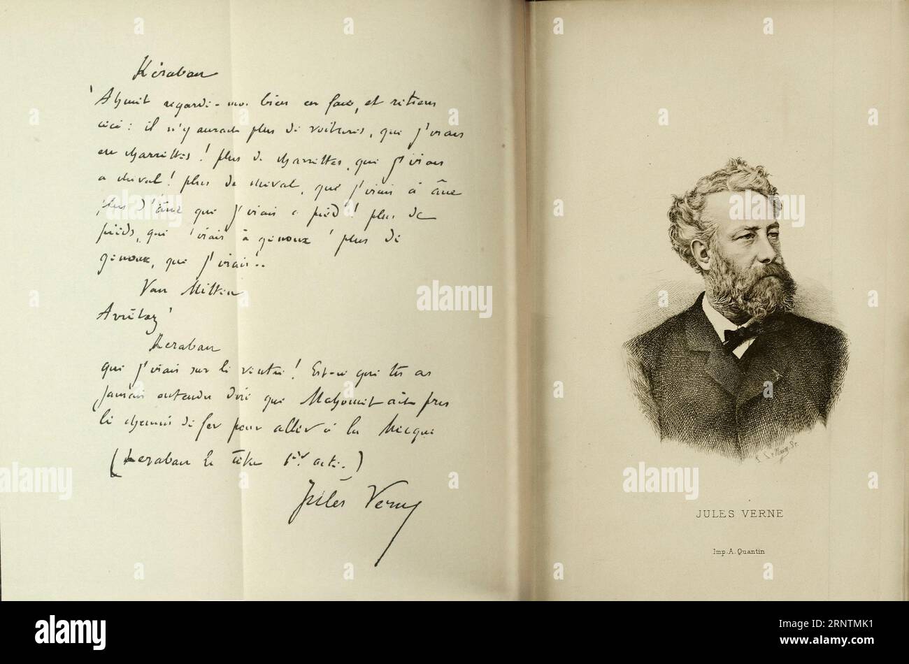 Jules Verne und Seite mit Widmung für Buch 'Kéraban Le-Tétu' Stockfoto
