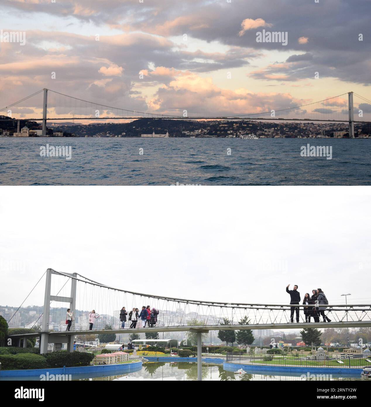 (171123) -- ISTANBUL, 23. November 2017 -- Combo-Foto zeigt die Märtyrerbrücke vom 15. Juli in Istanbul, Türkei, am 21. November 2017 und das Modell der Märtyrerbrücke vom 15. Juli (unten) im Miniaturk Park in Istanbul, Türkei, am 23. November 2017. Miniaturk ist ein Miniaturpark mit mehr als 100 Modellen architektonischer Werke aus der Türkei und Umgebung sowie Interpretationen historischer Bauten. TÜRKEI-ISTANBUL-MINIATUR PARK-MINIATURK HexCanling PUBLICATIONxNOTxINxCHN Stockfoto