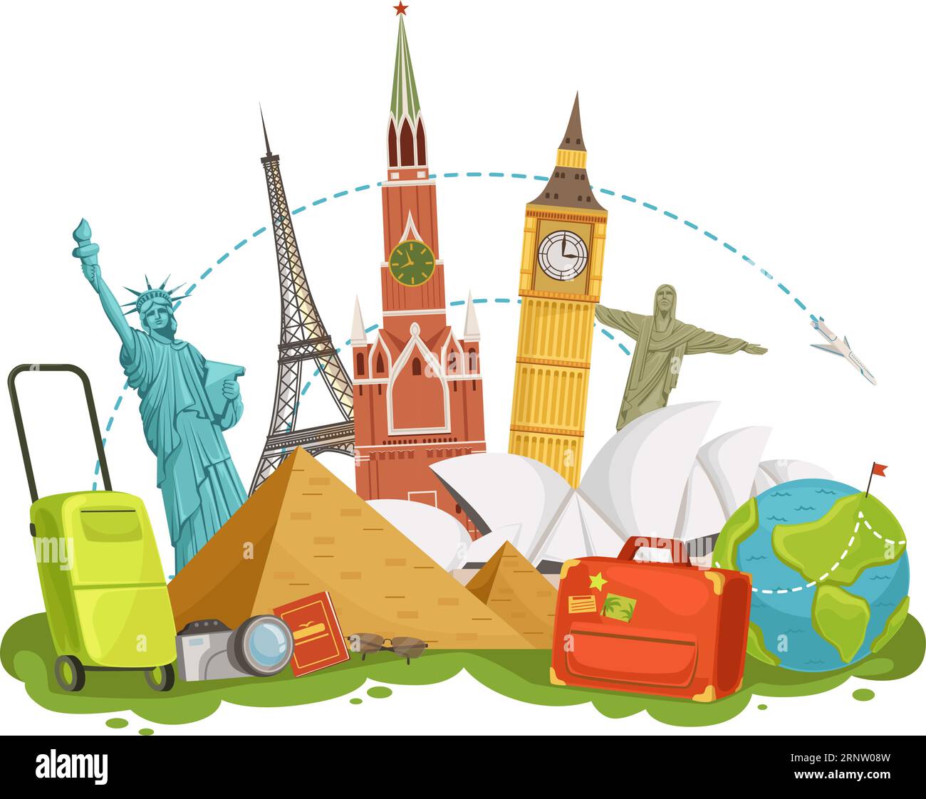Torist World Travel Cartoon-Konzept mit berühmten Wahrzeichen Stock Vektor