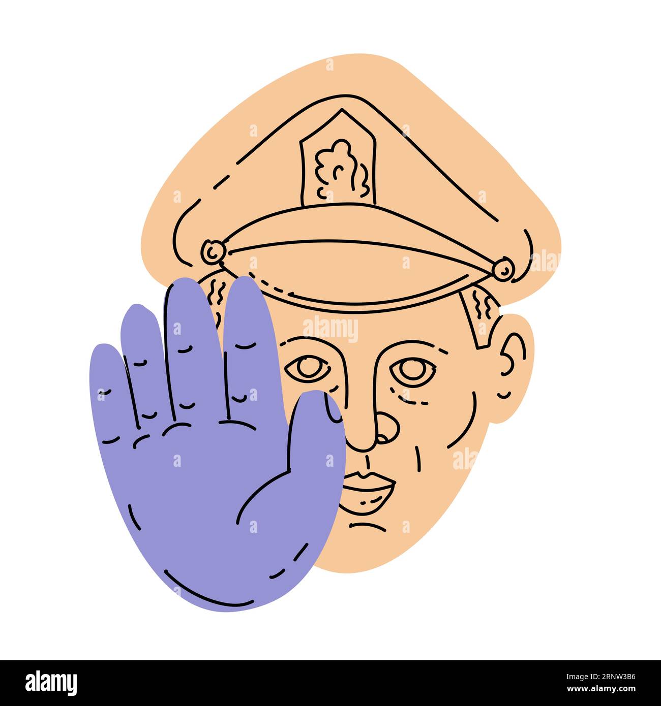 Abstrakte Mono-Linien-Illustration des Polizisten, der die Frontansicht des Handstopp-Signals zeigt, die im Stil der Monoline-Linienzeichnung gemacht wurde. Stockfoto