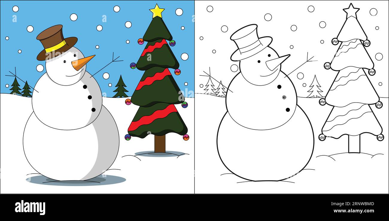 Süße Malseite eines Schneemanns und eines Weihnachtsbaums. Stundenlanger Spaß für kleine Kinder. Sehr leicht zu färben. Malseite für Kinder. Einfache Farbgebung PA Stock Vektor