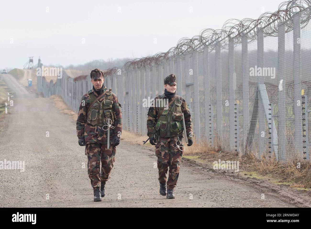 (171215) -- HERCEGSZANTO, 15. Dezember 2017 -- ungarische Soldaten patrouillieren am 14. Dezember 2017 entlang der Grenze zwischen Ungarn und Serbien bei Hercegszanto, Ungarn. ) (Djj) HUNGARY-HERCEGSZANTO-BORDER AttilaxVolgyi PUBLICATIONxNOTxINxCHN Stockfoto