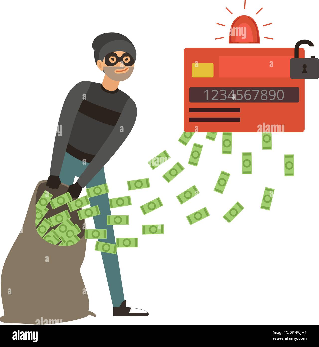 Mann, der Geld von der Kreditkarte klaut. Cyberkriminalität Stock Vektor