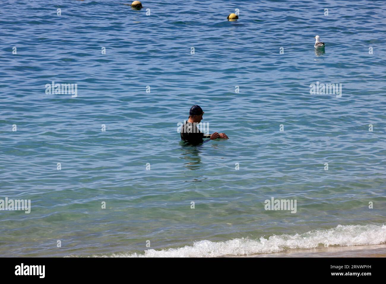 Triathlon-Training - Schwimmer im Neoprenanzug überprüft das Timing nach dem Schwimmen. Playa Blanca, Lanzarote, Kanarische Inseln, Spanien Stockfoto